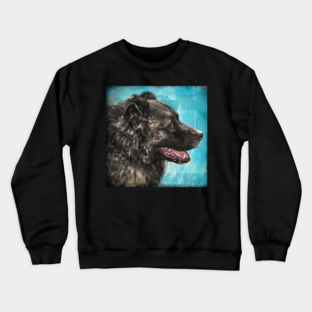 Painting of a Russian Bear Dog on Blue Background Crewneck Sweatshirt by ibadishi